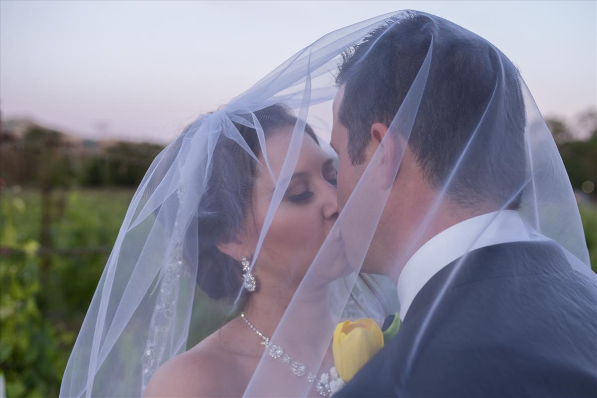 Bride and Groom kissing under a veil